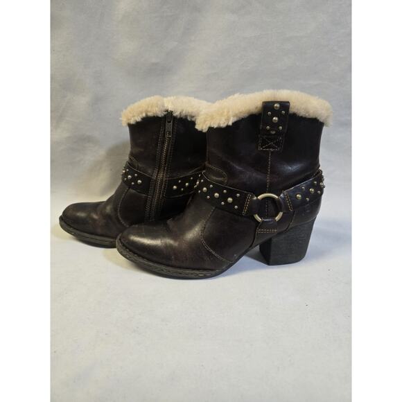 Born Ankle Harness Boots Womens Sz 6 Brown Sheep Shearling Lined Leather Studded - Picture 3 of 8